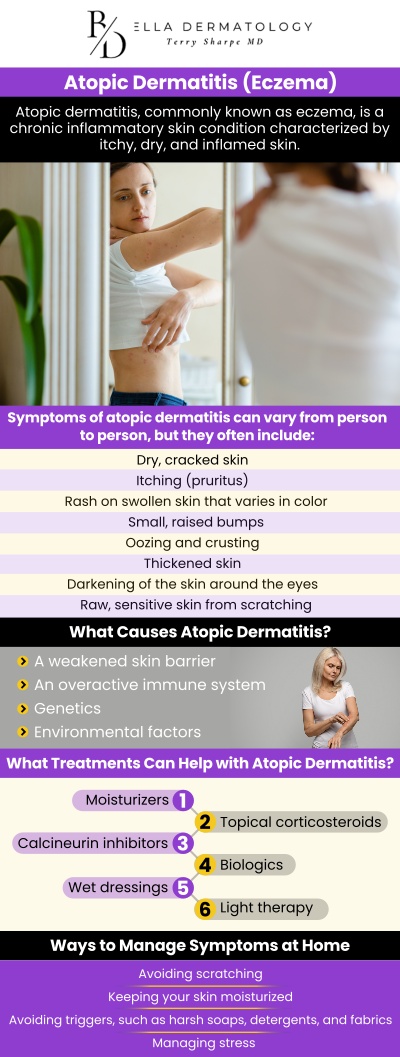 Dealing with itchy, inflamed, or irritated skin can be an exhausting experience that impacts every facet of your daily life. At Bella Dermatology, we understand that eczema is more than just a surface-level rash; it is a complex condition that requires a dedicated, medical-grade approach. Led by Dr. Terry Sharpe, MD, our clinic in McDonough, GA, offers advanced diagnostic tools and therapeutic interventions to help you reclaim your comfort. We focus on identifying your specific triggers and creating a long-term management plan that restores your skin’s natural barrier and brings much-needed relief to your family. For more information, contact us or request an appointment online. We are conveniently located at 2340 Patrick Henry Parkway Suite 150, McDonough, GA 30253. Dealing with itchy, inflamed, or irritated skin can be an exhausting experience that impacts every facet of your daily life. At Bella Dermatology, we understand that eczema is more than just a surface-level rash; it is a complex condition that requires a dedicated, medical-grade approach. Led by Dr. Terry Sharpe, MD, our clinic in McDonough, GA, offers advanced diagnostic tools and therapeutic interventions to help you reclaim your comfort. We focus on identifying your specific triggers and creating a long-term management plan that restores your skin’s natural barrier and brings much-needed relief to your family. For more information, contact us or request an appointment online. We are conveniently located at 2340 Patrick Henry Parkway Suite 150, McDonough, GA 30253.